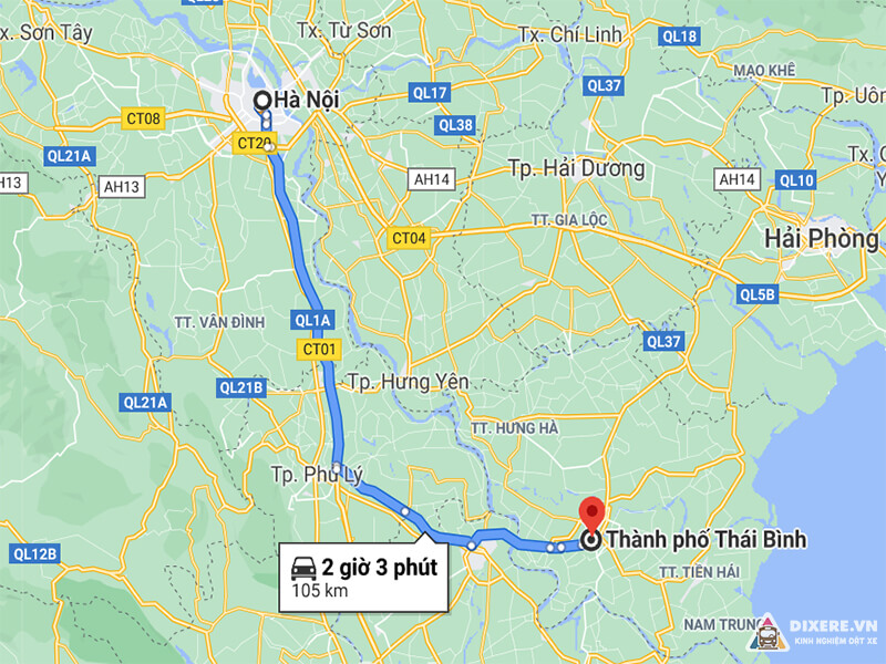 Quãng đường từ TP Hà Nội đến Thái Bình vào khoảng 100km(Ảnh: maps.google.com)