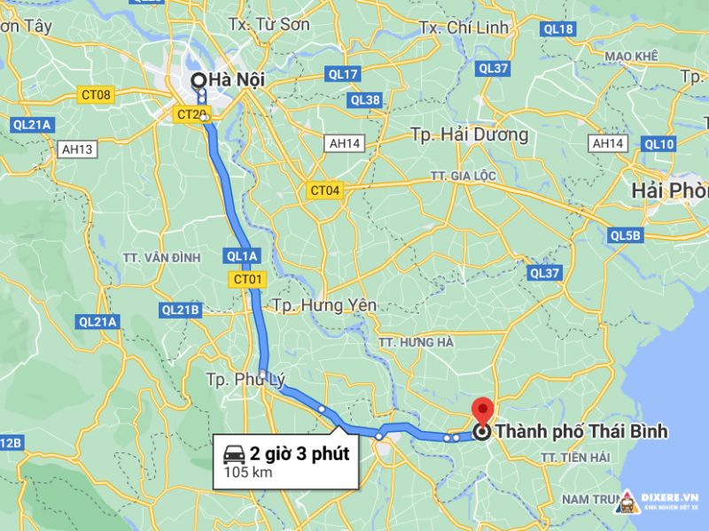 Khoảng cách thực tế từ Hà Nội đến Thái Bình tính theo km(Ảnh: maps.google.com)