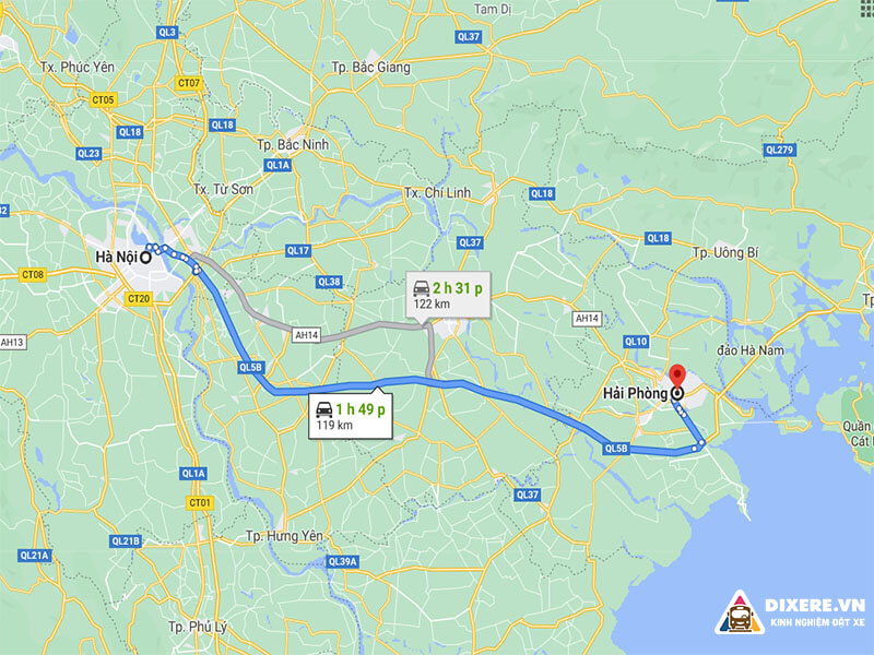 Khoảng cách thực tế từ Hà Nội đi Hải Phòng(Ảnh: maps.google.com)