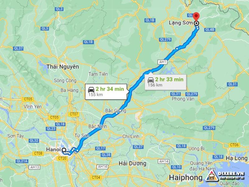 Theo dữ liệu từ Google Maps Việt Nam thì từ Hà Nội đi Lạng Sơn vào khoảng 156km(ảnh: Internet)