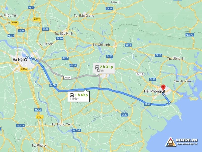 Khoảng cách từ Hà Nội đến Hải Phòng theo dữ liệu Google Maps Việt Nam(ảnh: internet)